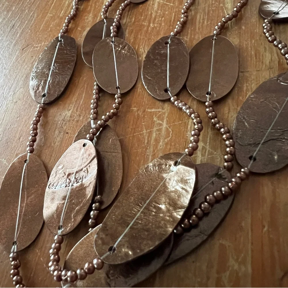 Philippines Multi-Strand Brown Statement Necklace & Earring Set Oval Disc